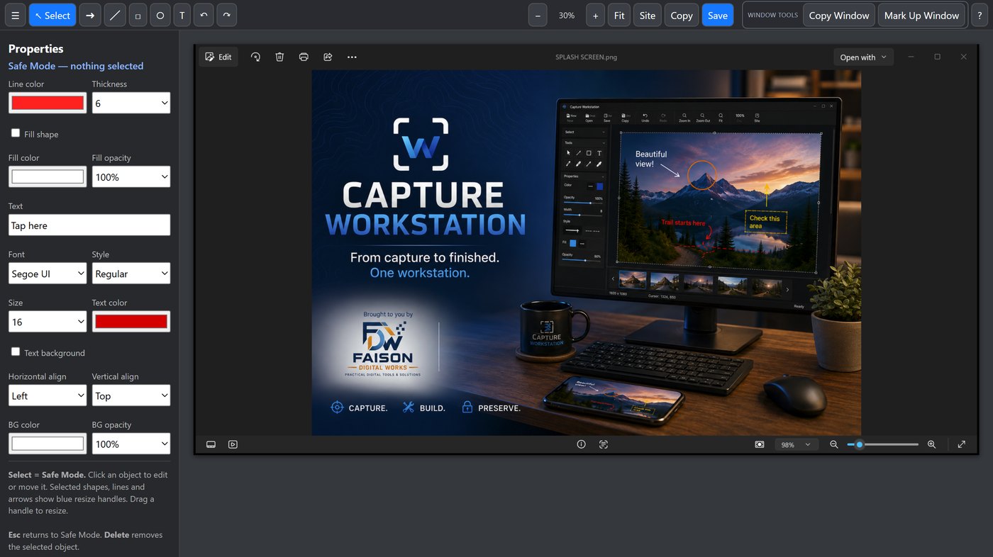 The markup editor with tool palette and properties panel
